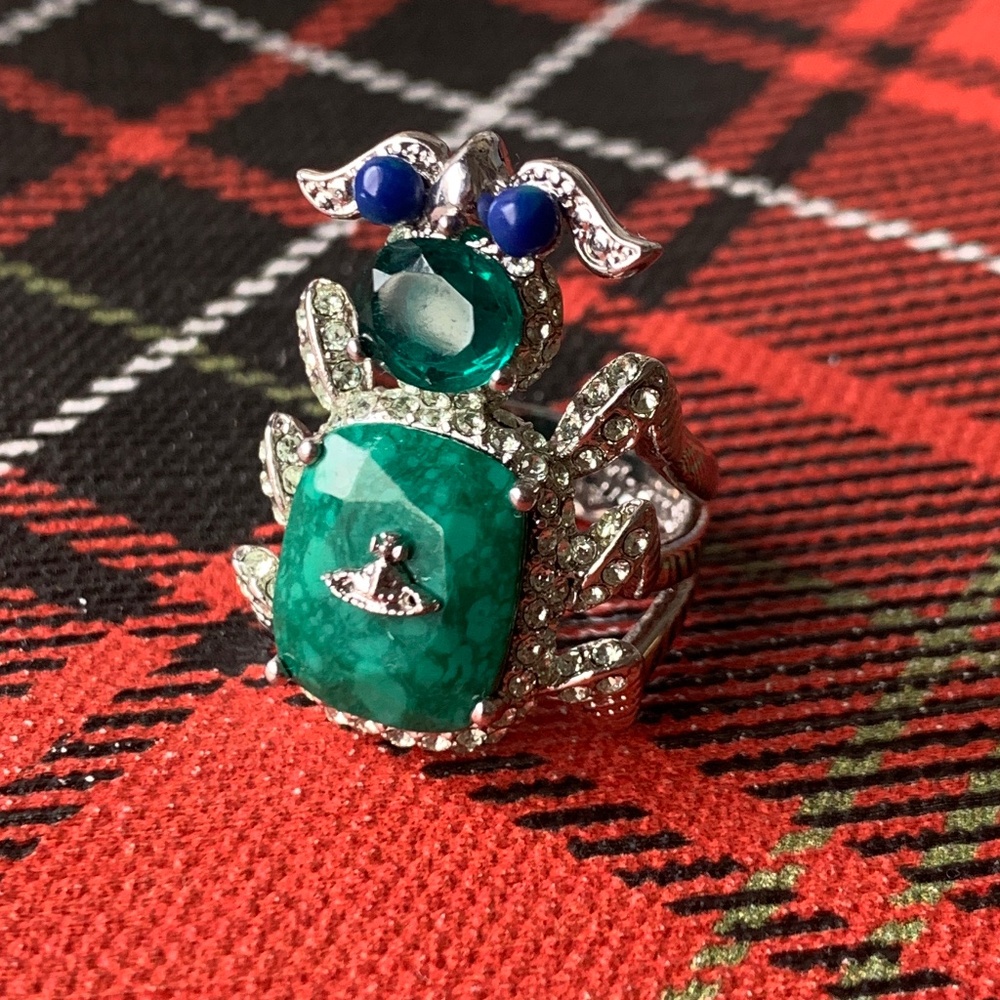 Vivienne Westwood Silver & Green Scarab Ring W/ Stones And Swarovski Crystals